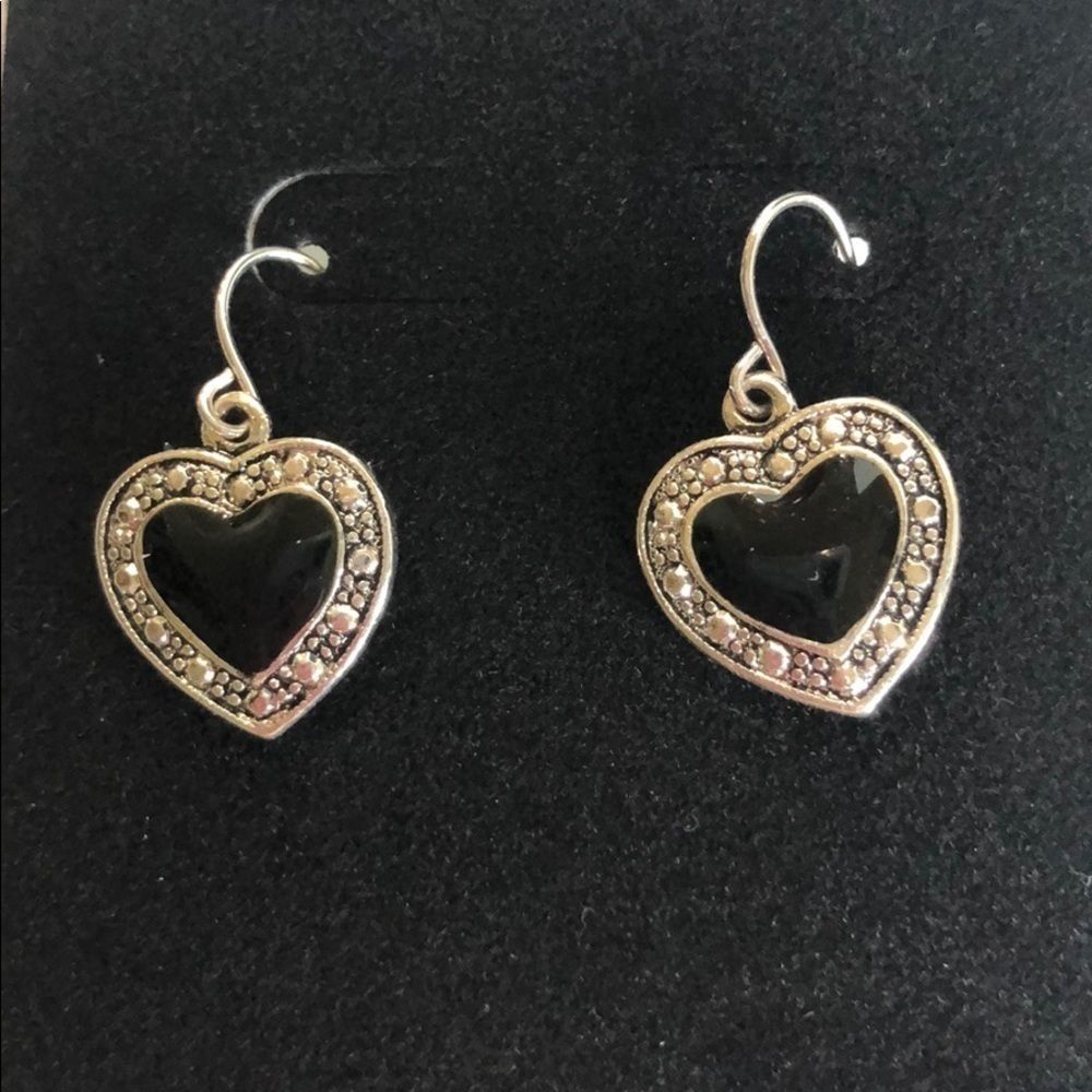 EARRINGS Black Silver Style Enamel Black Heart Earrings NWOT